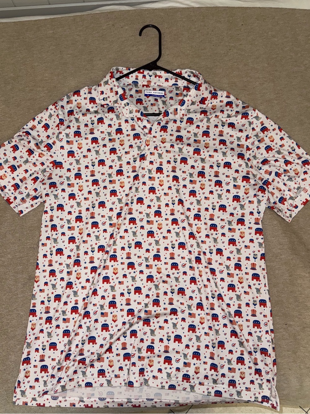 Fore Fathers White Short-Sleeve Golf Polo with Red & Blue Elephant Print